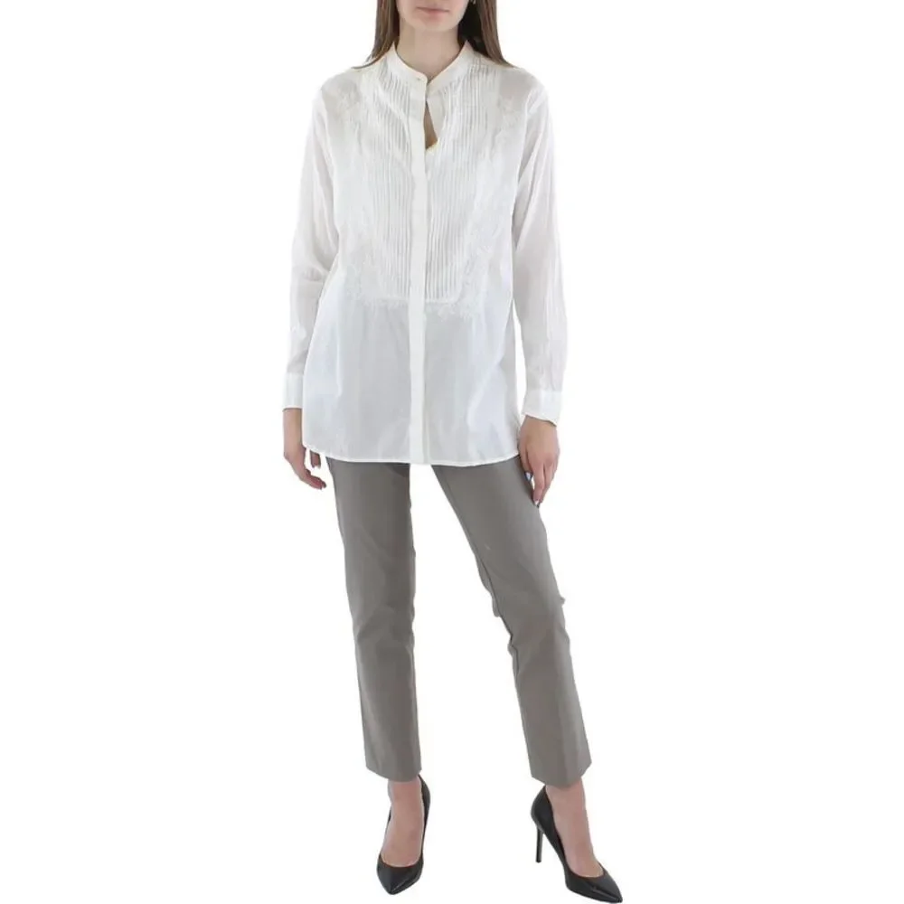 Lauren Ralph Lauren Womens White Cotton Embroidered Blouse Shirt Petites NWT